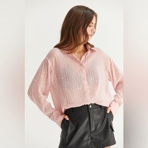 29B. Sheer Sequin Striped Button Front Blouse - Pink